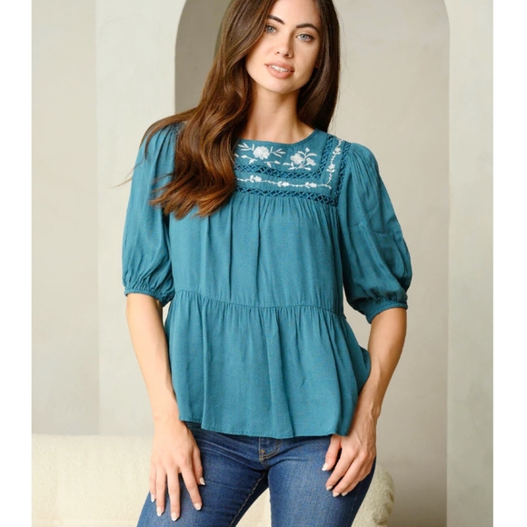 LAST 1❗️POLAGRAM Boho Chic Embroidered Teal Short Sleeves Top - Picture 2 of 5